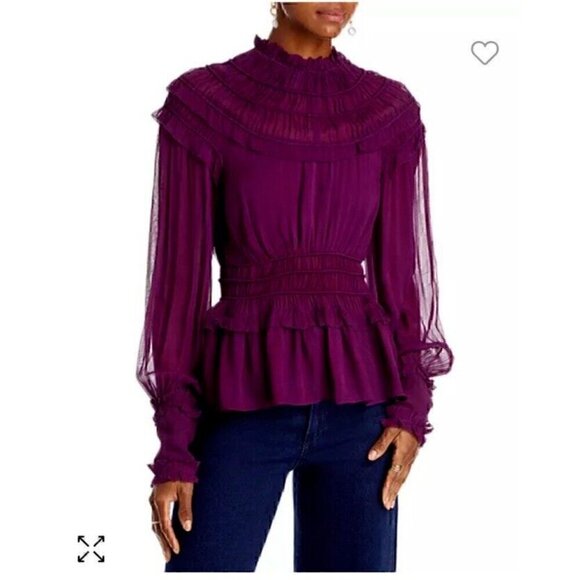 Farm Rio Ruffled Sheer Smocked Blouse Burgundy Maroon NWOT - Picture 3 of 12